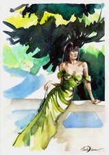 Original Watercolor Painting Sitting Female Figure Asian Women Wall Art picture