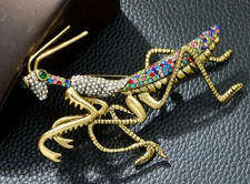 BROOCH-Large Praying Mantis Multi Color Rhinestone Tail, Gold Tone picture