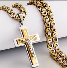 Stainless Steel Two Tone Gold Silver Byzantine Chain Cross Pendant Necklace 60cm picture