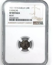1821 Venezuela 1/4 Real Caracas, Venezuelan provinces XF DETAILS BENT NGC picture