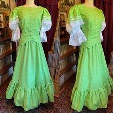 Recollections Reproduction Victorian Prairie Dress Green Floral Lace 2-Piece L picture