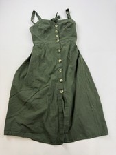 Japna Dress Womens L Green Button Front Smocked Strappy Midi Sundress Linen picture