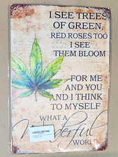 Metal Wall Sign “I See Trees of Green” Cannabis Leaf Musical Notes 8x6 Vintage picture