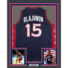 Framed Autographed/Signed Hakeem Olajuwon 35x39 USA Olympics Jersey JSA COA picture