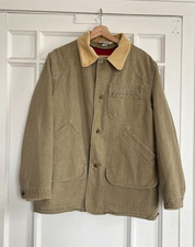Vintage 80s LL Bean HBT Herringbone Twill Field Coat Barn Jacket Red Wool Liner picture