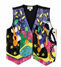 Vintage Jeanette Kastenburg Platinum Sequin Trophy Vest Country Western Cactus picture