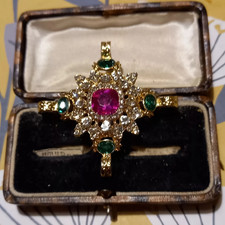Women Men vintage Baroque Brooch - Antique Red Green Rhinestone Corsage picture