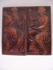 2 ANTIQUE MINTON NEOCLASSIC MYTHOLOGICAL TILES STROKE ON TRENT CHINA WORKS 12X6 picture