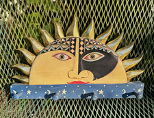 Vintage Hand Painted Wood Sun Moon Stars Wall Hook Rack, Folk Art, 4 Hooks picture