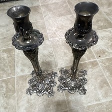 Godinger Silverplate Candlesticks Pair Ornate Floral Scalloped Base picture