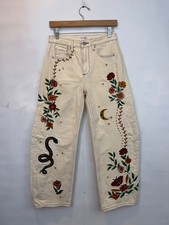 Driftwood Women's Elaine High Rise Embroidered Barrel Jean Size 24 Off White picture