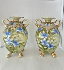VINTAGE NORITAKE NIPPON HAND PAINTED PORCELAIN VASE BLUE FLORAL PAIR 7