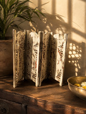 White Wooden Folding Screen Hand Carved Jali Tabletop Divider Indian Decor picture