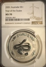 2001 Australia Lunar Year of the Snake 1oz .999 Silver $1 NGC MS70 picture