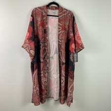 Catherines Luxe Georgette Long Duster Kimono Size 2X Red Black Paisley Boho picture