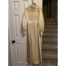 Vintage Victorian Lace Wedding Dress Cream Satin Bishop Sleeve High Neck Gown picture