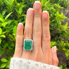 10CT Huge Natural Emerald & Diamond Ring For Engagement Sale  14k White Gold picture