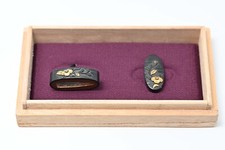 Fuchi Kashira Japanese antique Mumei balloon flower design shakudo Edo era picture