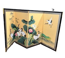 Vintage Large Japanese  4 Panel Folding Silk Screen Cranes Lily 67.5” L 34” Tall picture