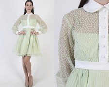 Vtg 60s Green Scooter Dress Peter Pan Collar Go Go High Waist Mod Tuxedo Mini picture