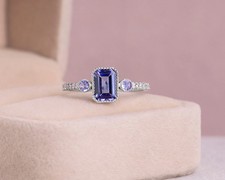 1.24 Ct Emerald Cut Natural Tanzanite & Diamond Wedding Ring 14K White Gold picture