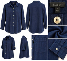 Talbots Womens XL Navy Blue 100% Linen Button Down Shirt Roll Tab Sleeve picture