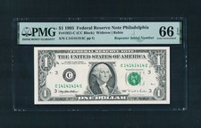 $1.00 1995 Federal Reserve Phillie(TRUE C14141414C)SUPER REPEATER~NICE PMG-66epq picture