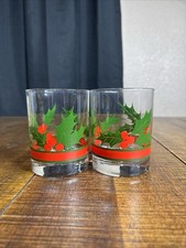 Vintage Libby Christmas Holly & Berries Low Ball/Rocks Glass 10oz- 2 In Set X 2 picture