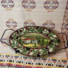 VTG Peggy Karr Fused Glass Oval Platter Tuscany Village Olives 17