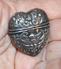 Antique Victorian Sterling Silver Repousse Heart / Vinaigrette / Pill Box Cherub picture