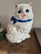 Vintage Maruri Japan Persian Cat Cookie Jar MR Mark White Blue Eyes 10” picture