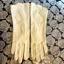 Vintage 50s White Nylon Gloves Seed Stitch Details Van Raalte Reindoe OS picture