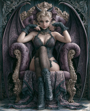 Horned Succubus Queen on a Purple Throne in a Black Corset Print - 983159775 picture