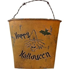 Vintage Halloween Primitive Folk Art Galvanized Metal Bucket Witch Wall Decor picture
