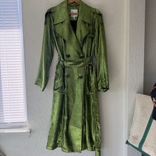 Avec Les Filles Metallic Shimmer Trench Coat Womens S Belted Matcha Green Shiny picture