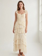 NWT by Anthropologie Ivory Smocked Tie-Strap Tiered Lace Ruffle Maxi Dress 1X picture