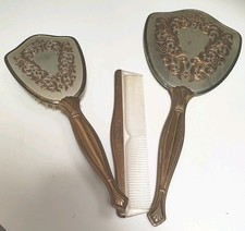 Vintage Vanity Set-Hand Mirror, Hair Brush and Comb Gold plate trim and handle. picture