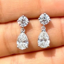 3.00 Ct Round & Pear Cut Natural HPHT Diamond Drop Earrings 925 Silver 14K Gold picture
