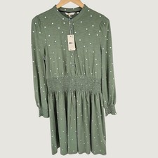NEW Boden Smocked Jersey Shirt Dress Size 8R Green Metallic Polka Dot Modest picture