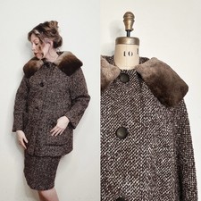 Vintage 1950s Wool Coat & Skirt Set • Speckled Brown Tweed • L/XL picture