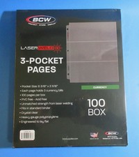 100 BCW LASERWELD 3-POCKET CURRENCY PAGES FOR LARGE BILLS-ACID FREE picture