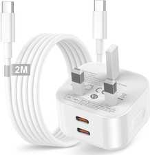 iPhone 15 16 17 20W Dual USB-C Charger Plug UK + 2M Cable Fast PD Power Adapter picture
