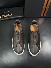 Men's Zegna Triple Stitch Dark Brown Leather Slip On Casual Sneakers picture