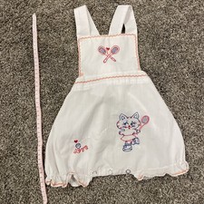Vintage White Baby Overall Romper w/ Embroidered Cat Tennis picture
