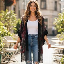 NWOT Chico's Travelers Burnout Velvet Kimono Jacket Red Black Paisley Fringe L picture