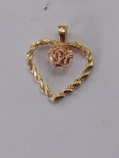 14K GOLD ROPE OPEN HEART W/ROSE CHARM/PENDANT 1.1 GRAMS picture