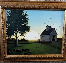 ORIGINAL ACRYLIC PAINTING/ FRAMED/SHED/TREE/Birds/Cattle, 20.5 X 17in  picture