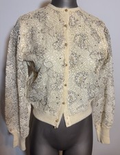 Vintage 60’s Doge’ Cashmere Cardigan Sweater S Small Rhinestone Sheer Sleeve Exc picture