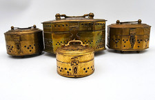 Lot 4 Vintage Indian Brass Cricket Boxes Pierced Bug Cages Handled Lidded India picture