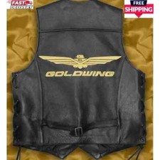 Biker Goldwing Black Genuine Cowhide Leather Motorcycle Rider Men's Laces Vest picture